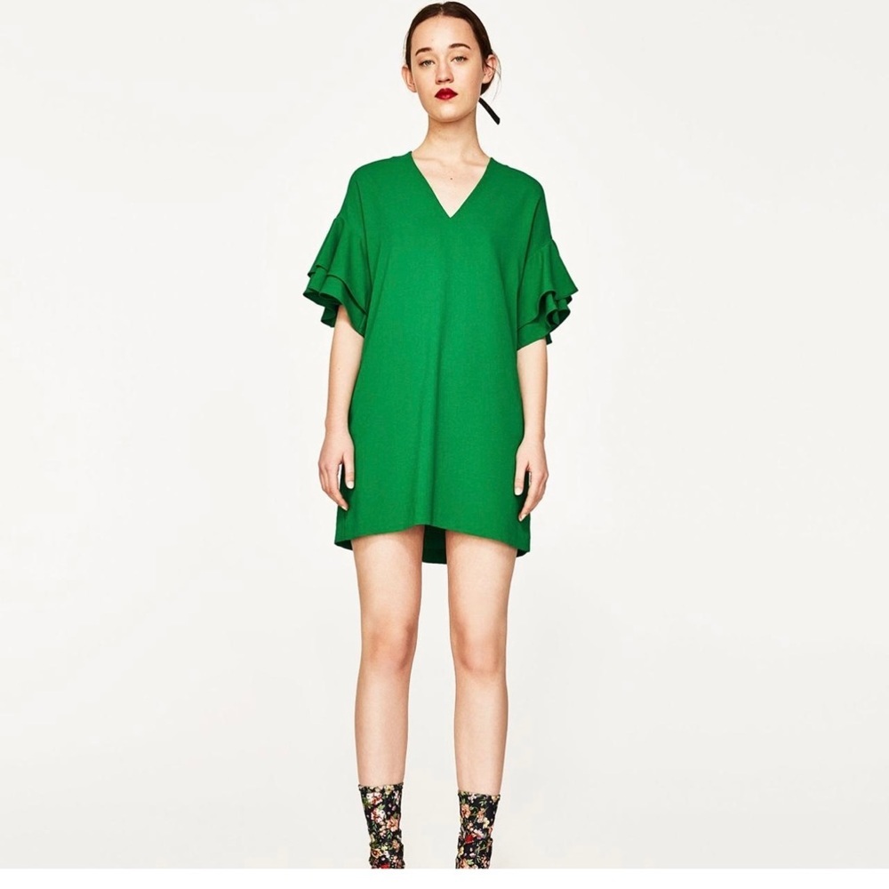 Zara Women’s Green Mini Dress with Ruffle Sleeves